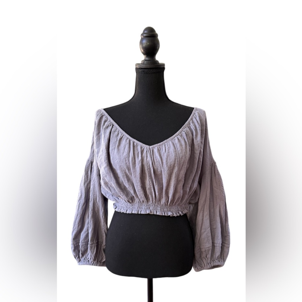 Universal Thread Smokey Blue Textured Mid Puff Sleeves Cropped Blouse
